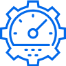 Blue outline of a gear containing a speedometer or performance gauge with a needle pointing to the right side.
