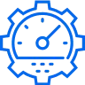 Blue outline of a gear containing a speedometer or performance gauge with a needle pointing to the right side.