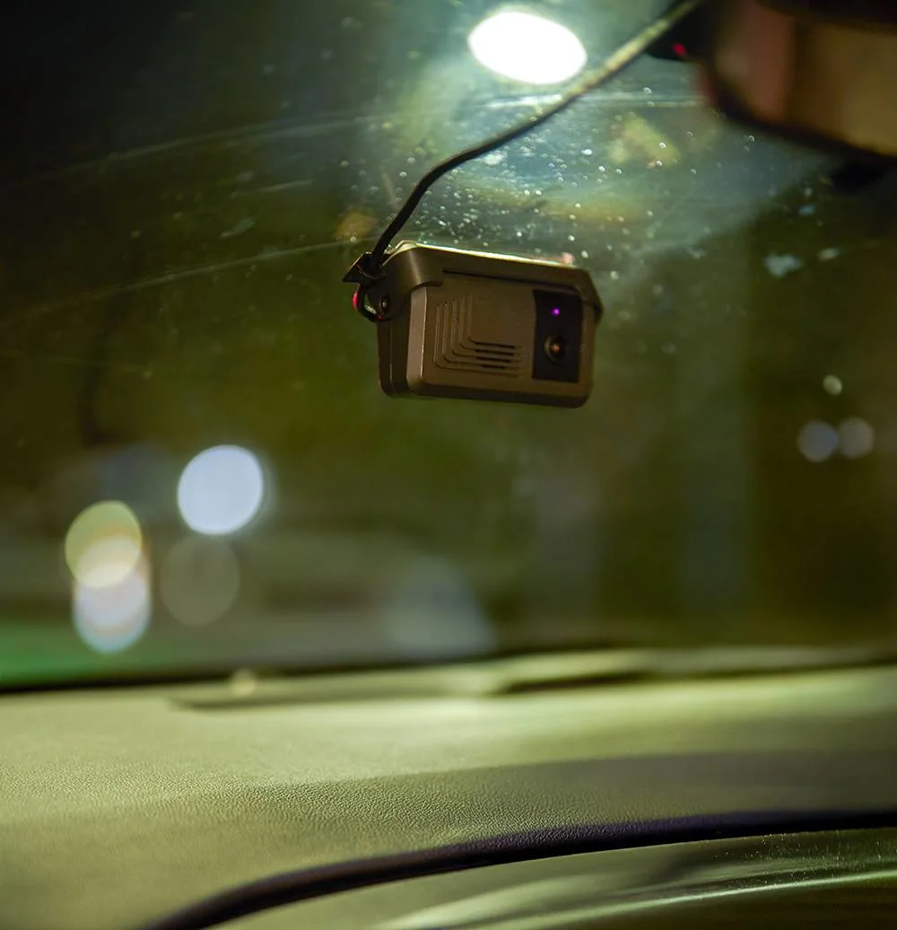 Small dashboard camera mounted on car windscreen at night with city lights blurred in the background.