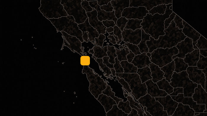Dark map of California with an orange square marker highlighting the San Francisco Bay Area region.