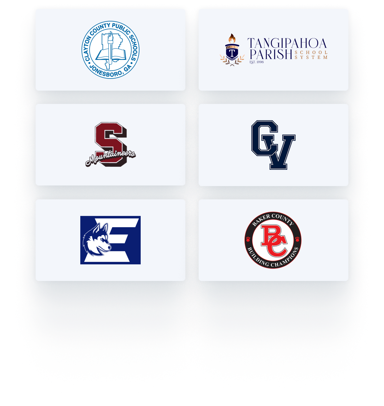 6 school and organization logos including Clayton County Public Schools, Tangipahoa Parish School System, and Abbey Travel.