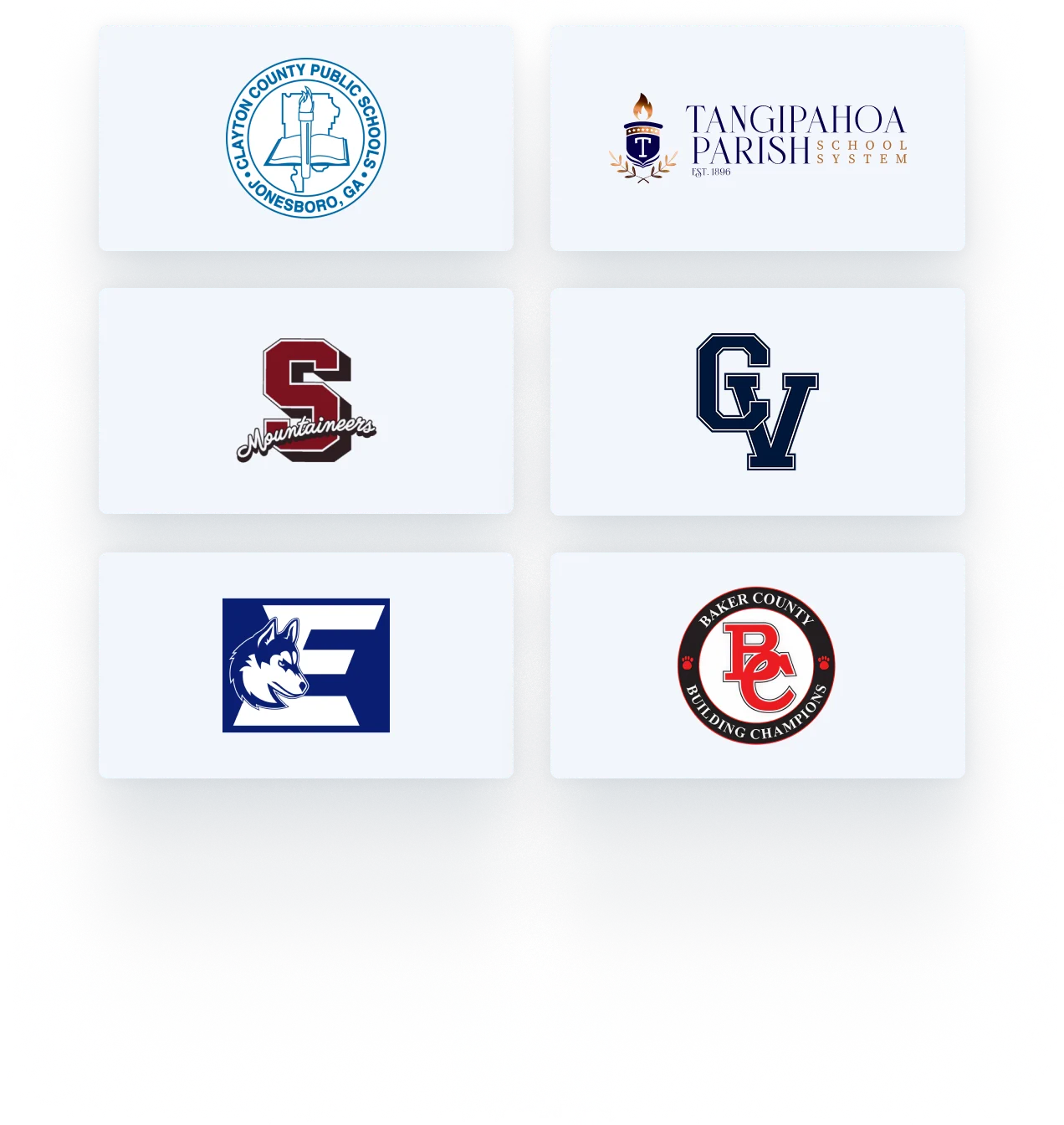 6 school and organization logos including Clayton County Public Schools, Tangipahoa Parish School System, and Abbey Travel.