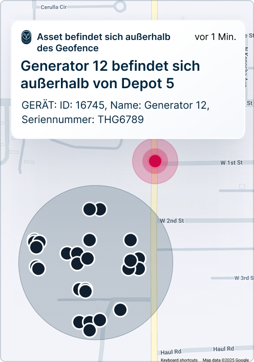 Karte mit einer Benachrichtigung, dass sich Generator 12 außerhalb des Geofence von Depot 5 befindet.