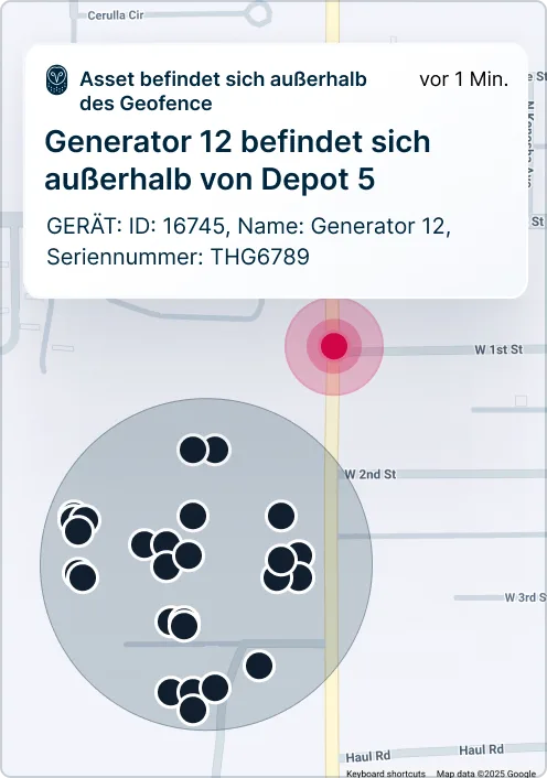 Karte mit einer Benachrichtigung, dass sich Generator 12 außerhalb des Geofence von Depot 5 befindet.