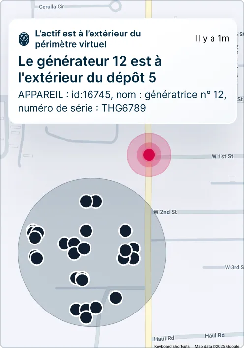 Le générateur 12 est en dehors du périmètre virtuel du Dépôt 5, avec des points de suivi des actifs visibles dans les rues.