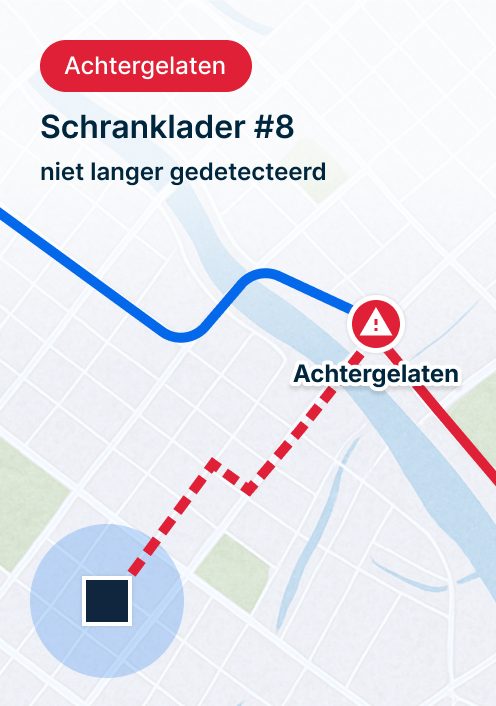 Kaart met melding 'Schranklader 8 niet meer gedetecteerd', rode waarschuwing 'Achtergelaten' en route-tracking op landkaart.