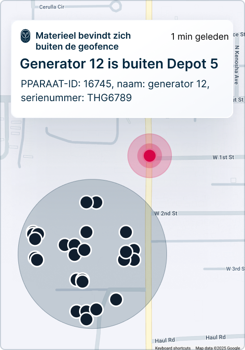 Kaart met waarschuwing dat Generator 12 zich buiten de geofence bevindt, met asset tracking-punten zichtbaar op de straten.