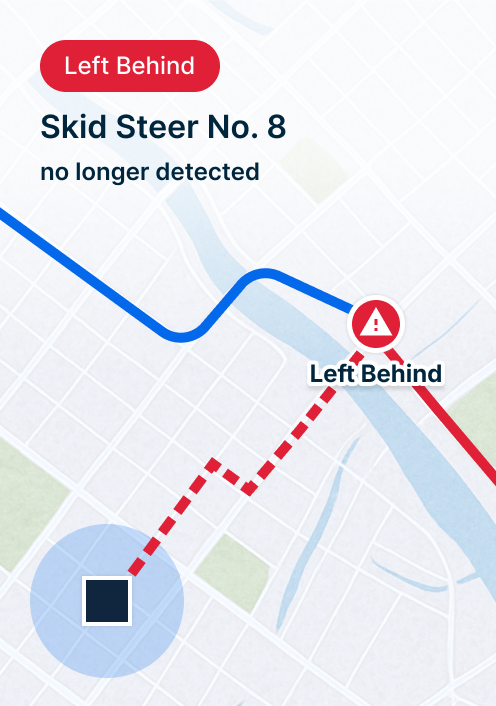 Map showing 'Skid Steer #8 no longer detected' with red 'Left Behind' alert and route tracking on a street map.