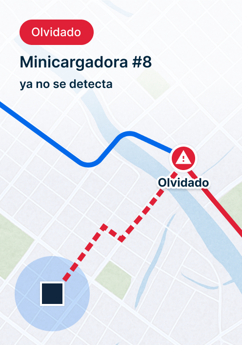 Mapa que muestra “minicargador #8 ya no detectado” con una alerta roja de “olvidado” y seguimiento de ruta en mapa de calles.