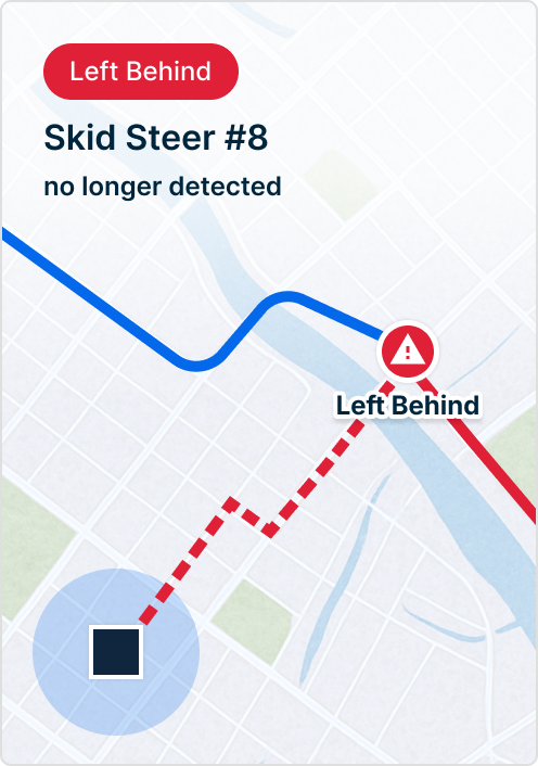 Map showing "Skid Steer #8 no longer detected" with red "Left Behind" alert and route tracking on a street map.