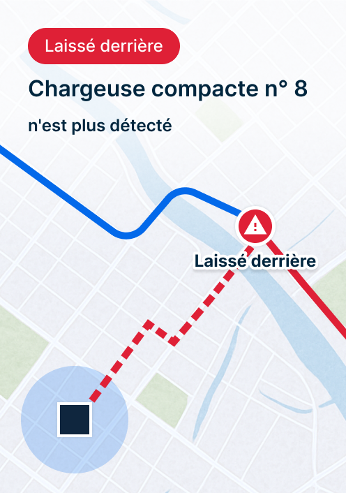 Carte montrant « chargeuse compacte 8 n'est plus détectée » et alerte rouge « Abandonné » et suivi itinéraire sur plan de rue