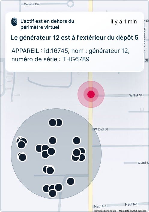 Carte d'une notification d'alerte que le générateur 12 est hors du périmètre virtuel du dépôt 5, avec des points de suivi.