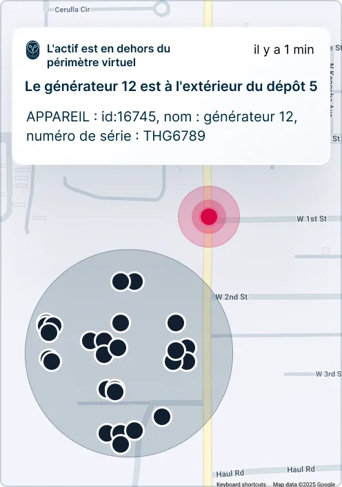 Carte d'une notification d'alerte que le générateur 12 est hors du périmètre virtuel du dépôt 5, avec des points de suivi.