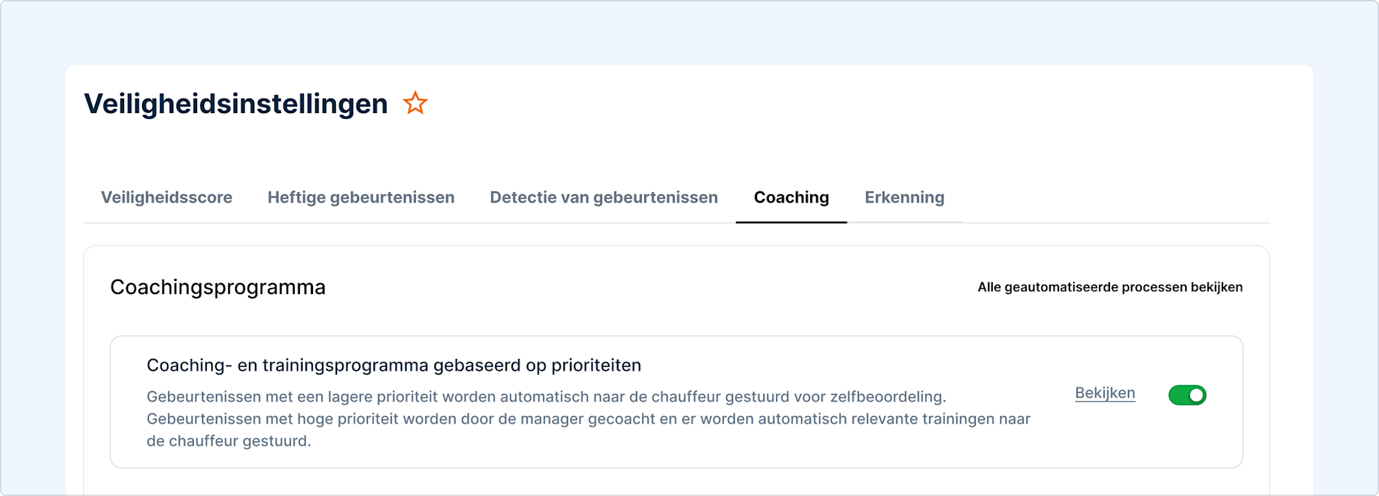 Veiligheidsinstellingen tonen tabblad Coaching met op prioriteit gebaseerde coaching &amp; training voor veiligheid chauffeur