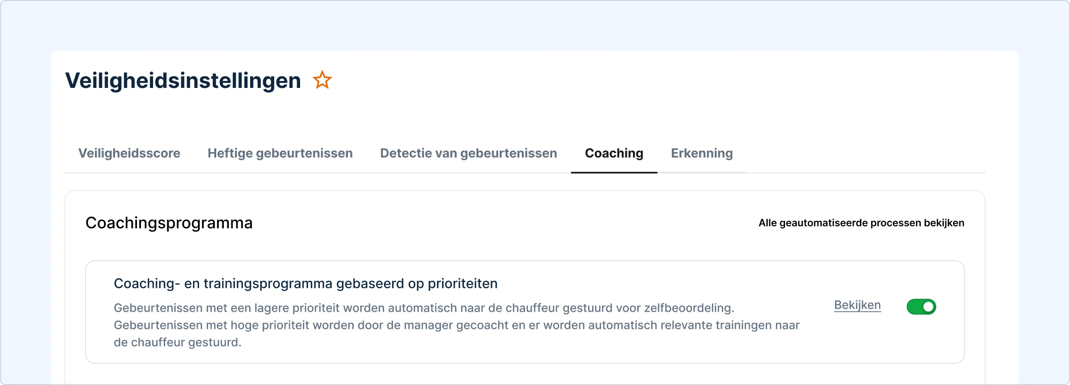 Veiligheidsinstellingen tonen tabblad Coaching met op prioriteit gebaseerde coaching & training voor veiligheid chauffeur