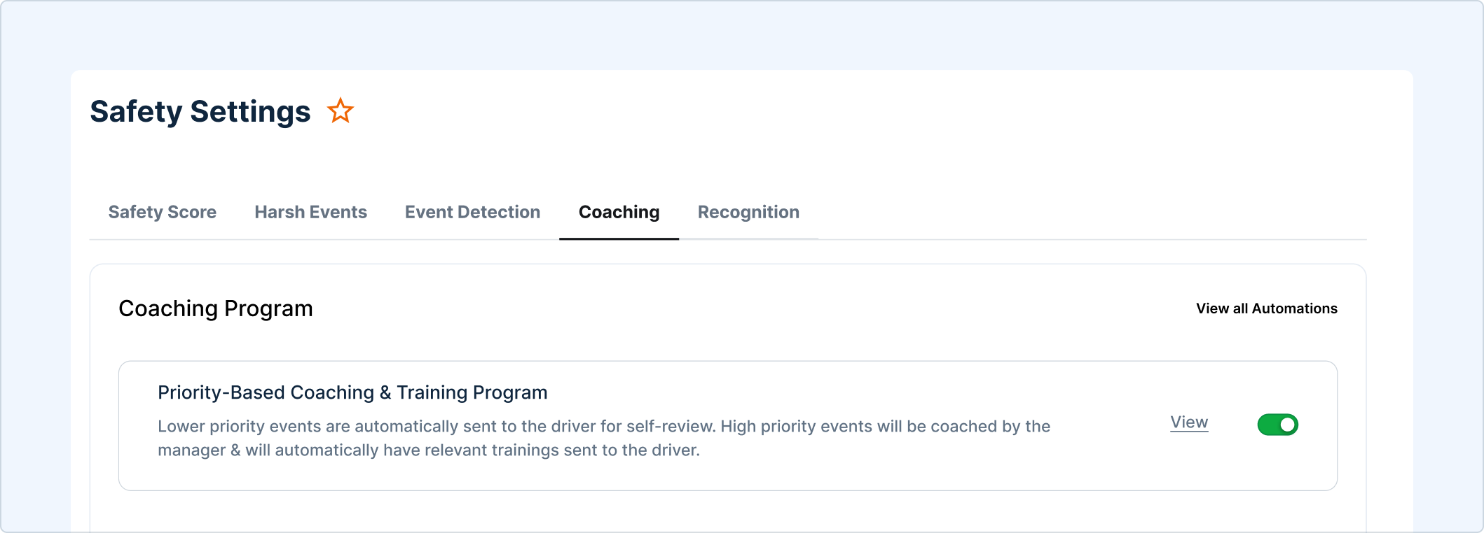 Safety Settings interface showing Coaching tab with Priority-Based Coaching, Training Program enabled for driver safety