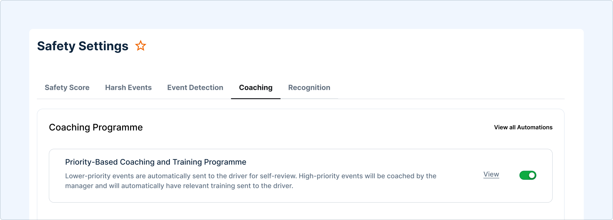 Safety Settings interface showing Coaching tab with Priority-Based Coaching, Training Programme enabled for driver safety
