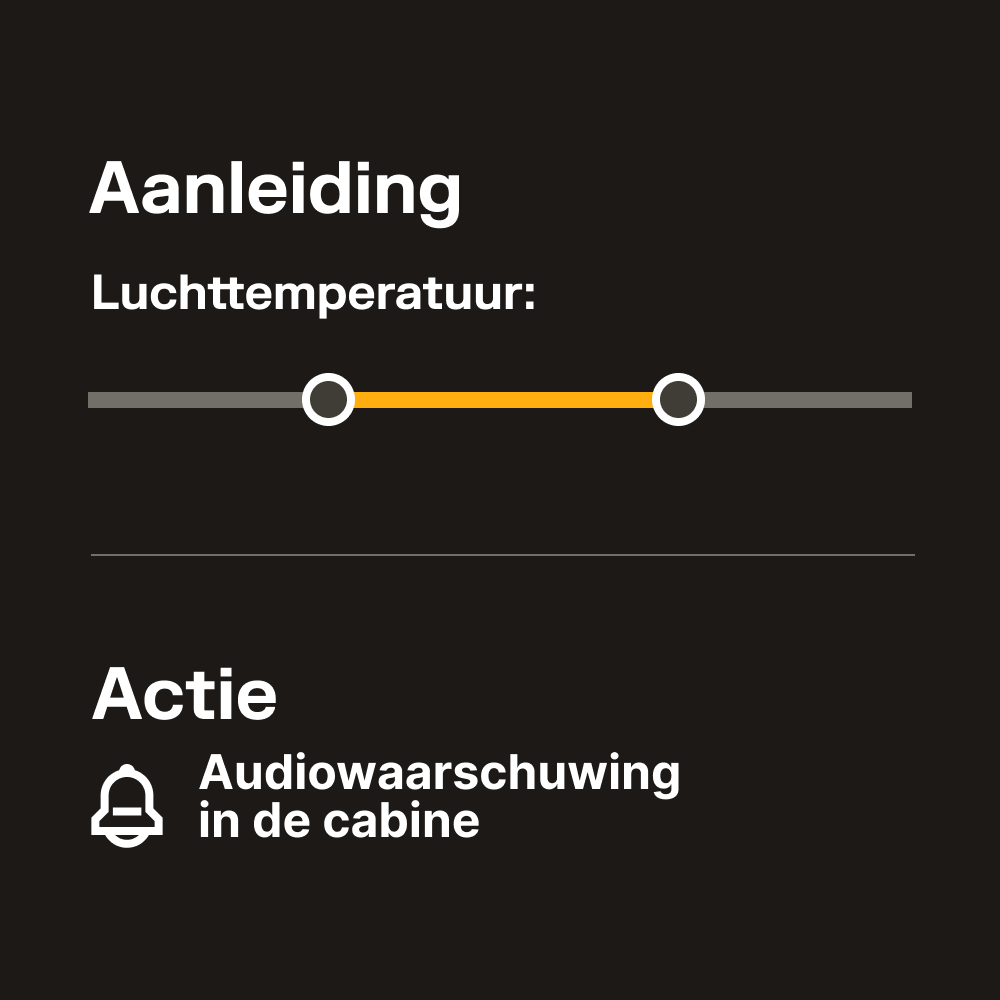 Infographic met aanleiding luchttemperatuur via oranje schuifregelaar en actie audiowaarschuwing in de cabine.