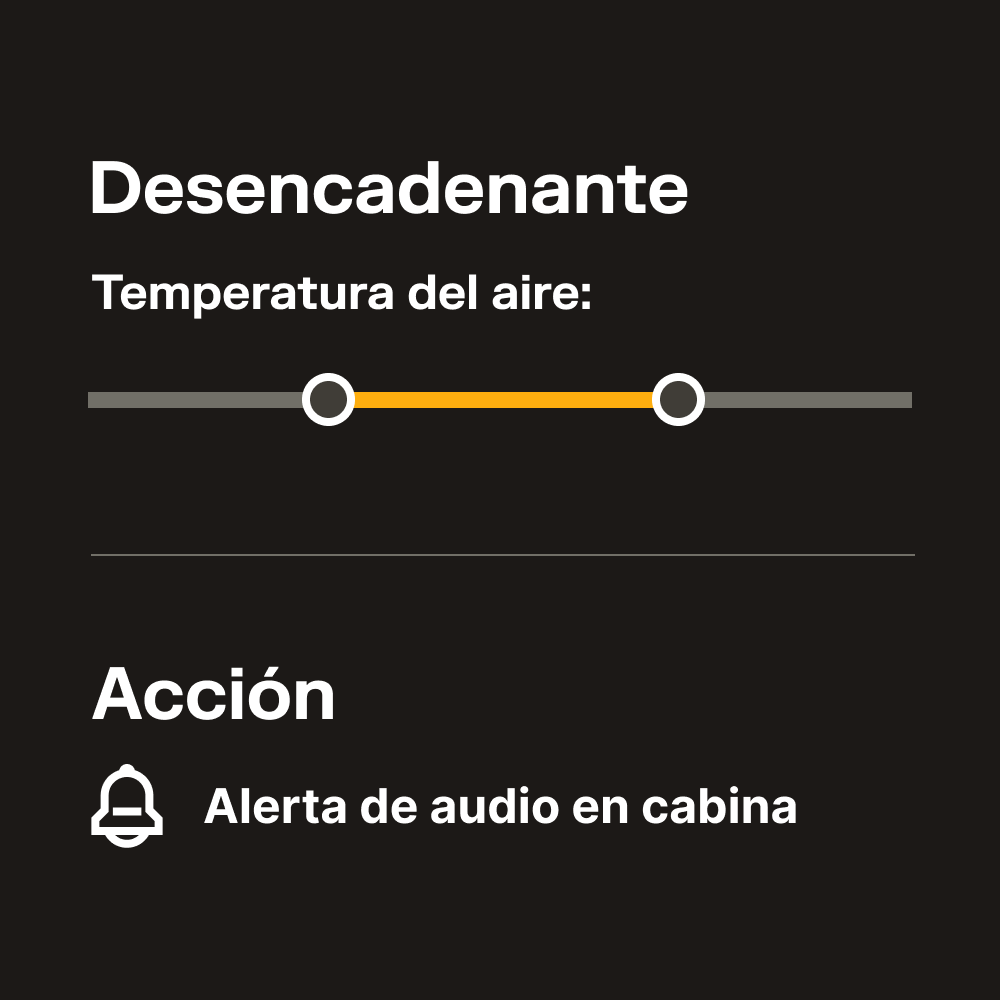 Pantalla con desencadenante de temperatura del aire con barra naranja y acción de alerta de audio en cabina.