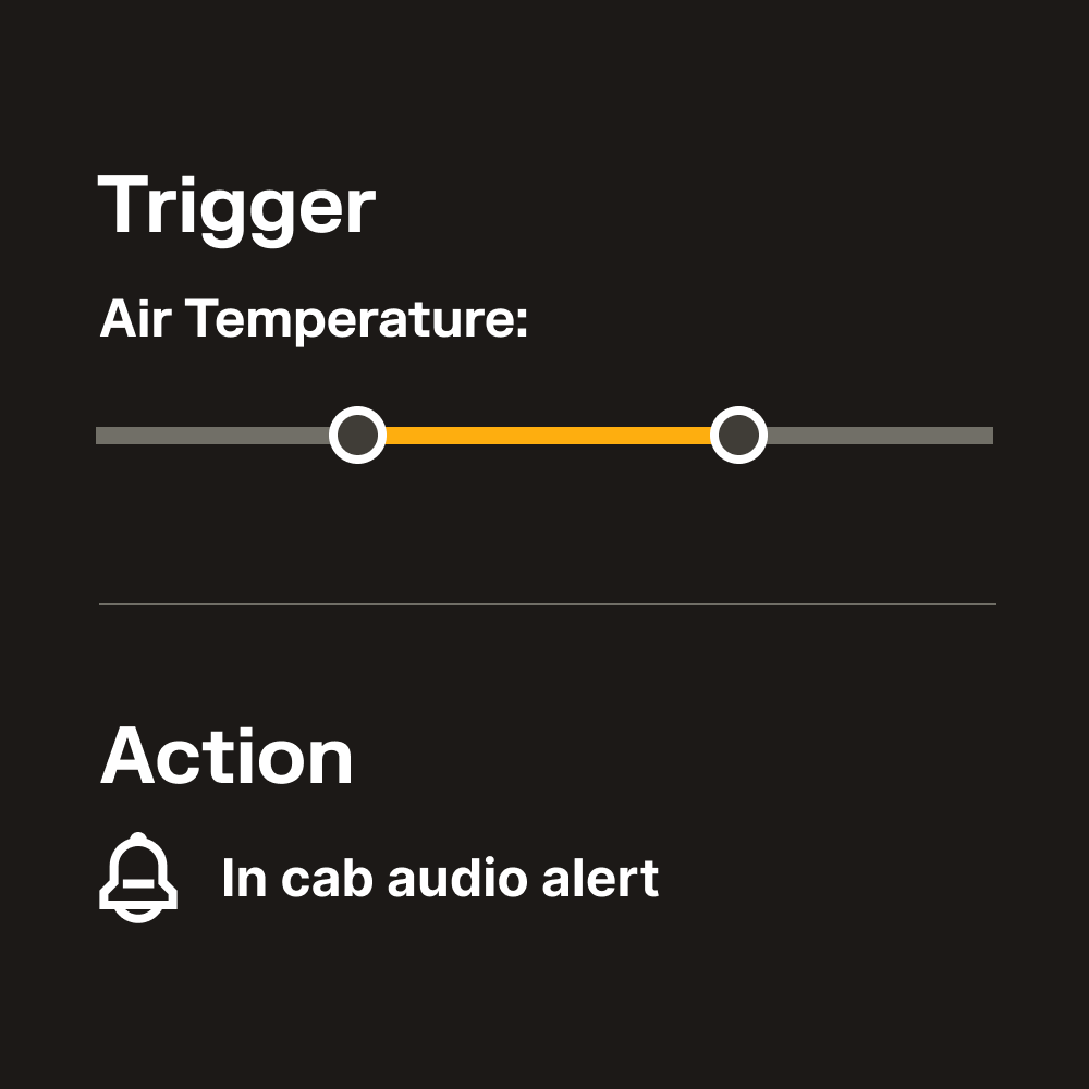 Trigger: Air Temperature range slider in orange. Action: In cab audio alert with bell icon, on dark background.