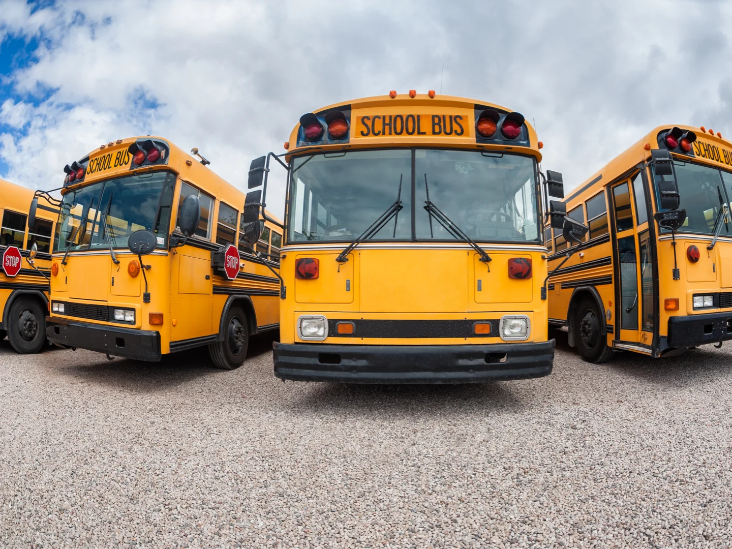 Fisheye view of parked school buses in St. George, Utah, United States.