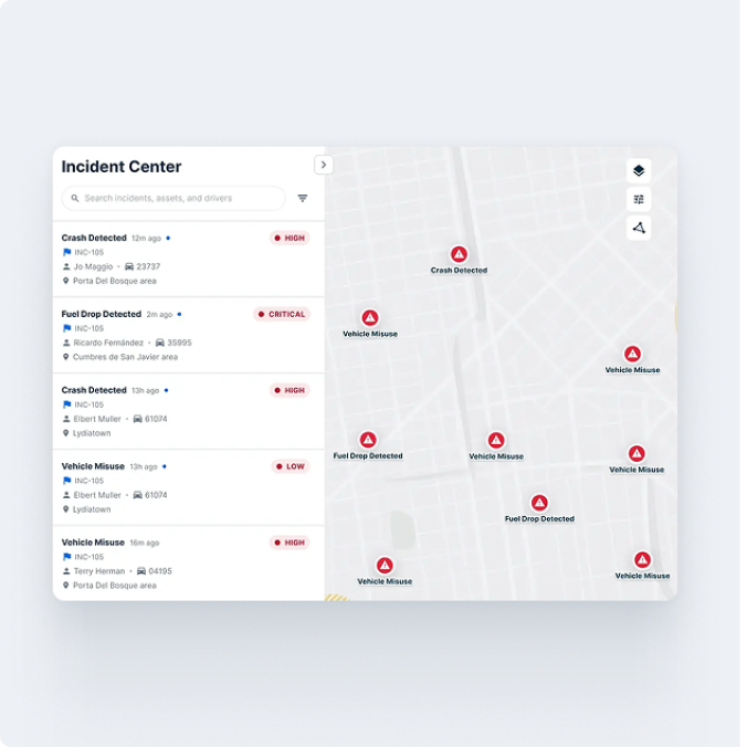Incident Center dashboard showing a list of alerts and a map with red icons marking crashes, fuel drops, and vehicle misuse.