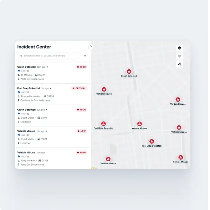 Incident Center dashboard showing a list of alerts and a map with red icons marking crashes, fuel drops, and vehicle misuse.