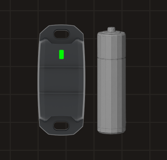 A dark tracker device with a green LED next to an AA battery for size comparison, labeled "Same size as a AA battery."