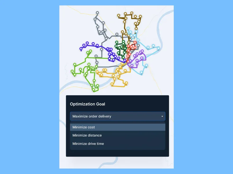 Samsara dashboard image of a may with multiple points with the words Optimization Goal with dropdown options