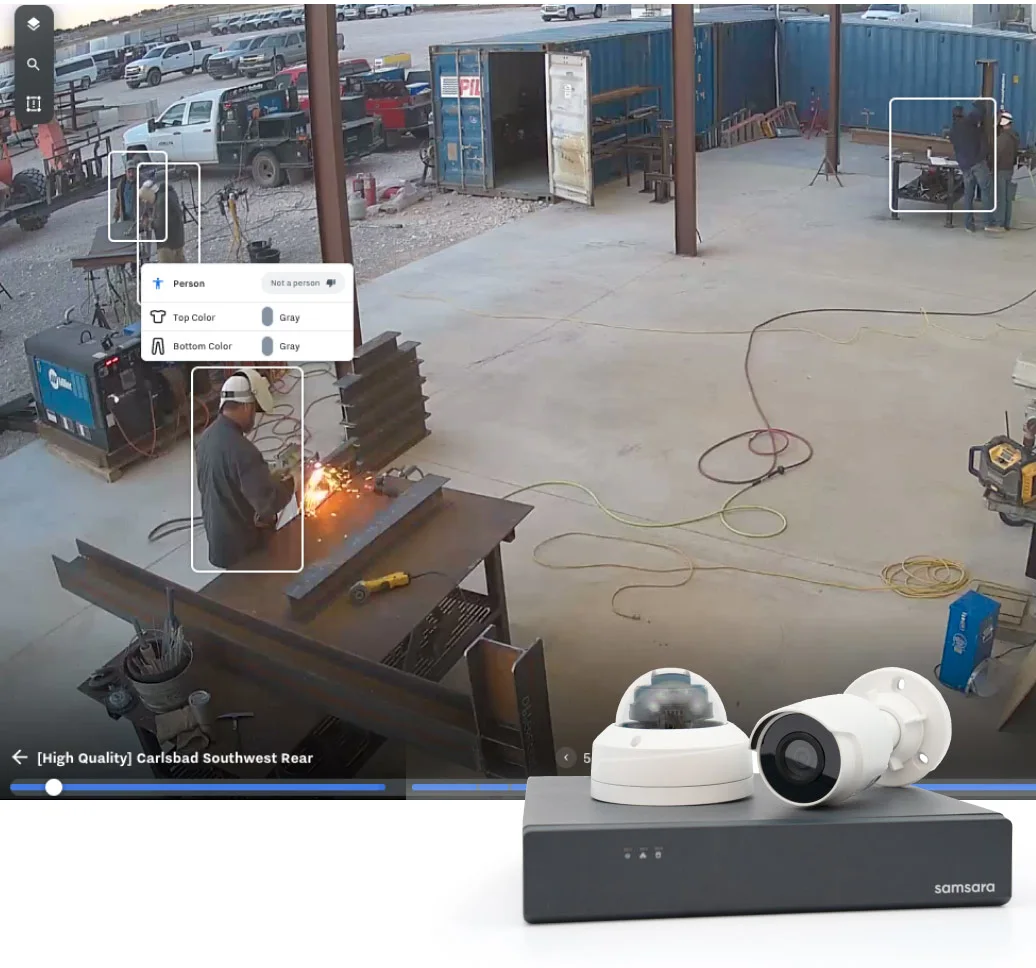 A view of a worker on a job site using a welding tool. Samsara’s site cams are overlaid on the image.