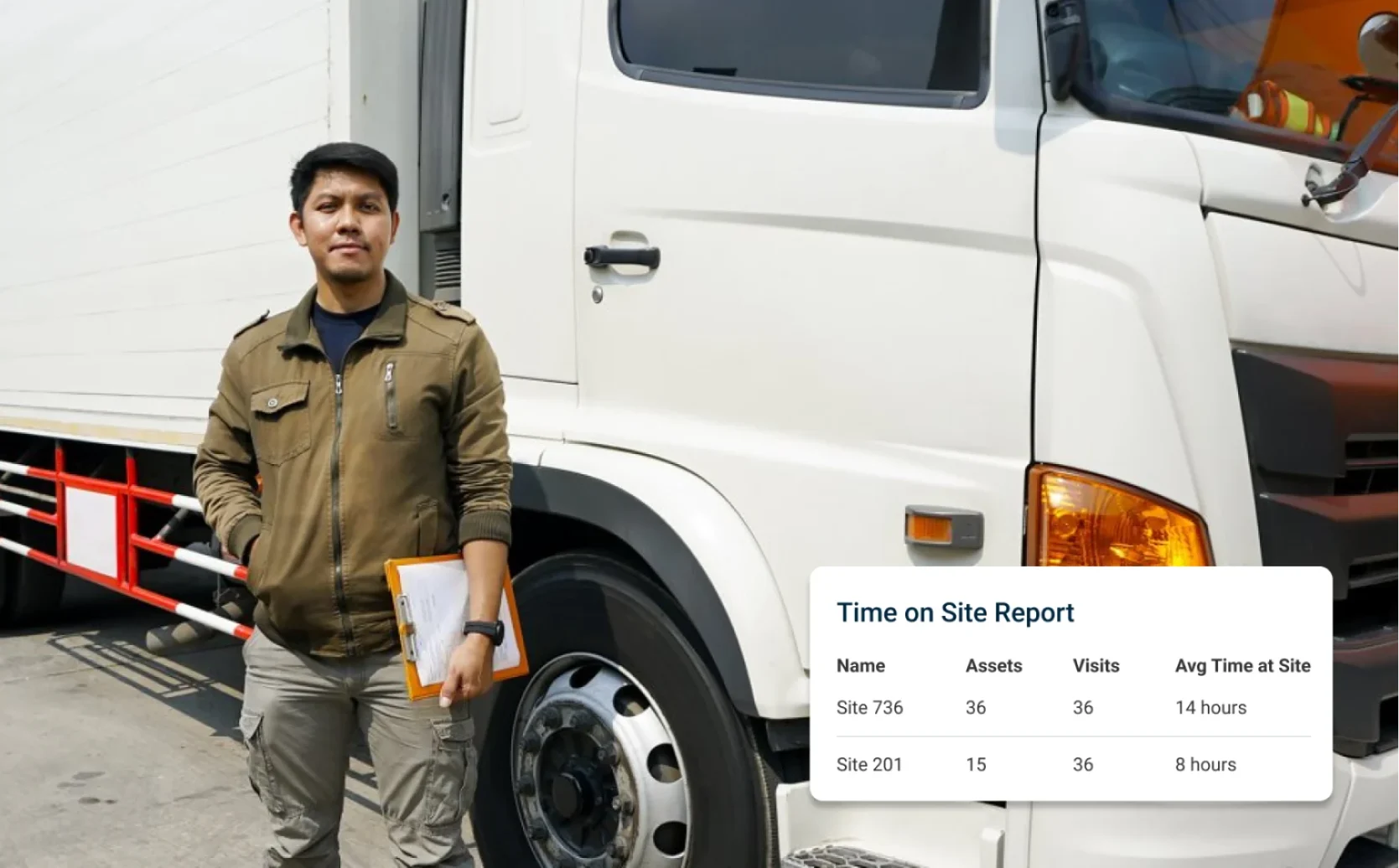 man holding clipboard standing in front of work truck