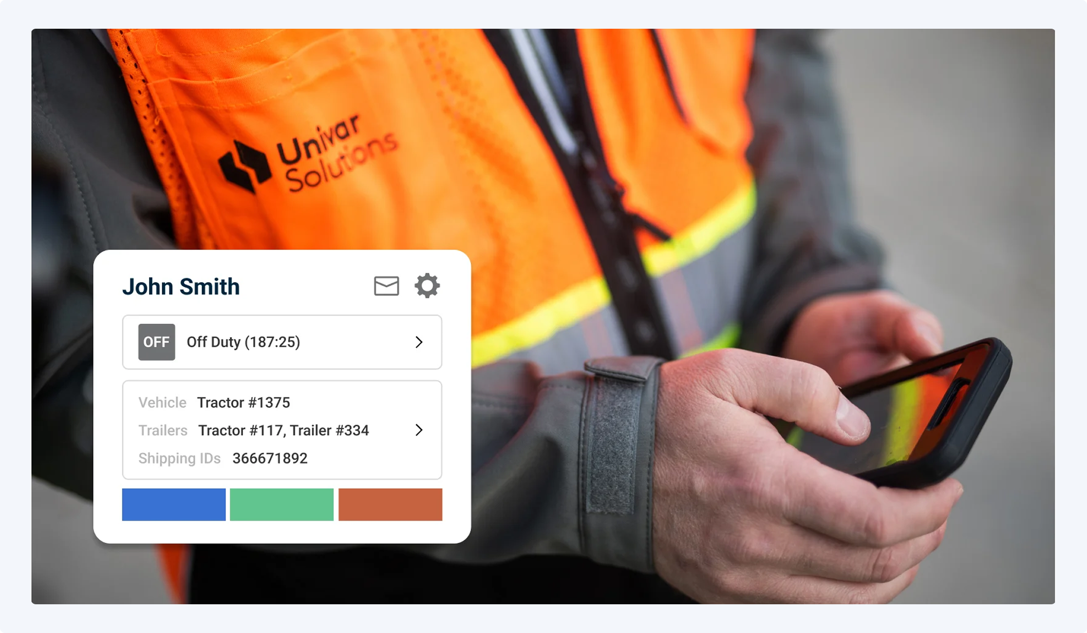 A Univar Solutions worker uses a smartphone, with a driver app profile screen overlay showing duty status.