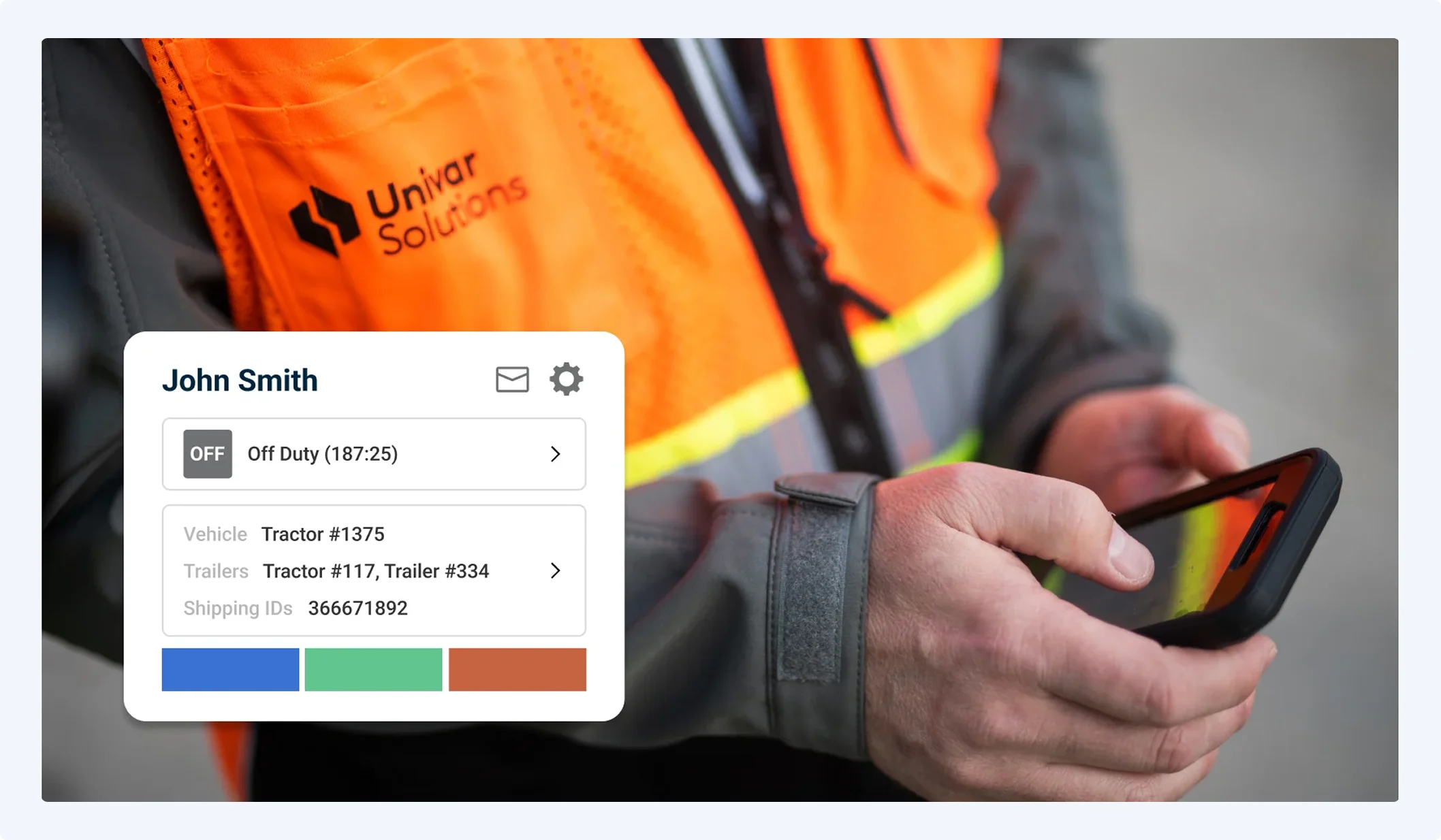 A Univar Solutions worker uses a smartphone, with a driver app profile screen overlay showing duty status.