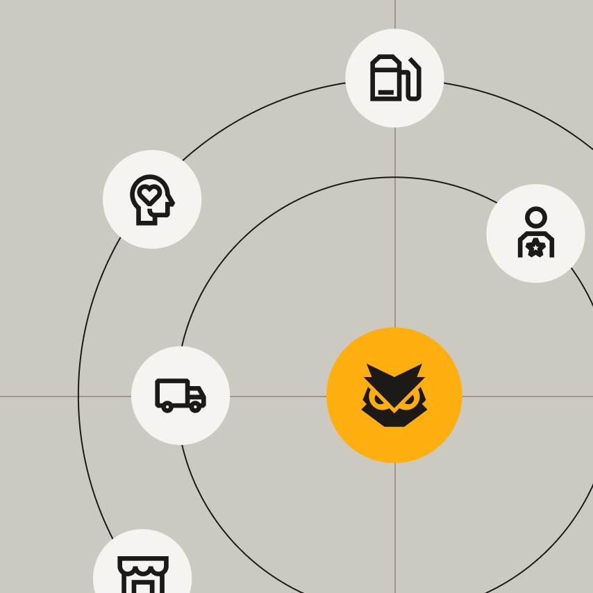Orange owl logo centered among circular icons for fuel, delivery, retail, mental health, and a star user on gray.