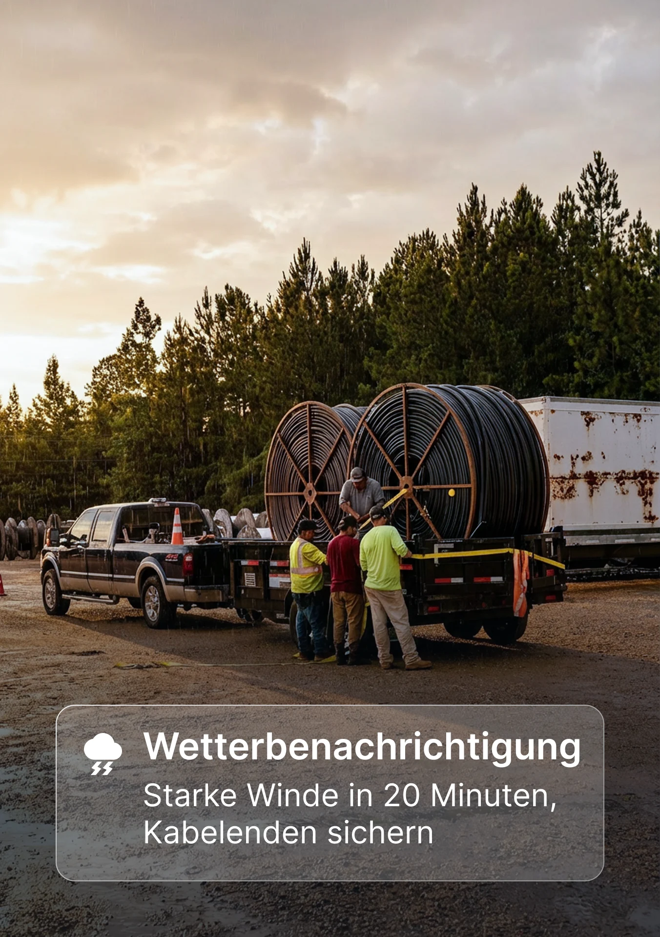 Arbeiter, die bei Sonnenuntergang große Kabelspulen auf einen Lkw laden; Wetterbenachrichtigung warnt vor starken Winden.