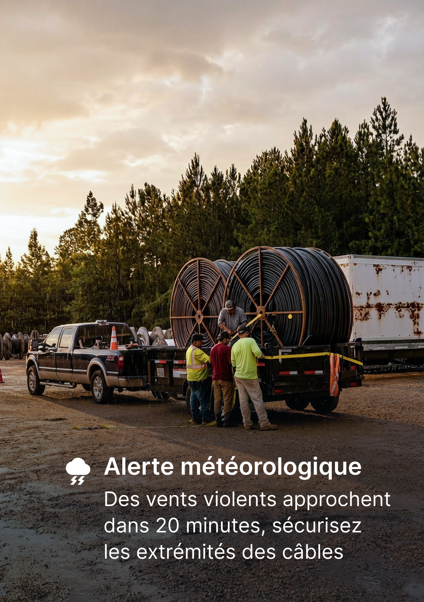 Ouvriers chargeant de grosses bobines de câbles sur un camion au coucher du soleil, sous une alerte météo.