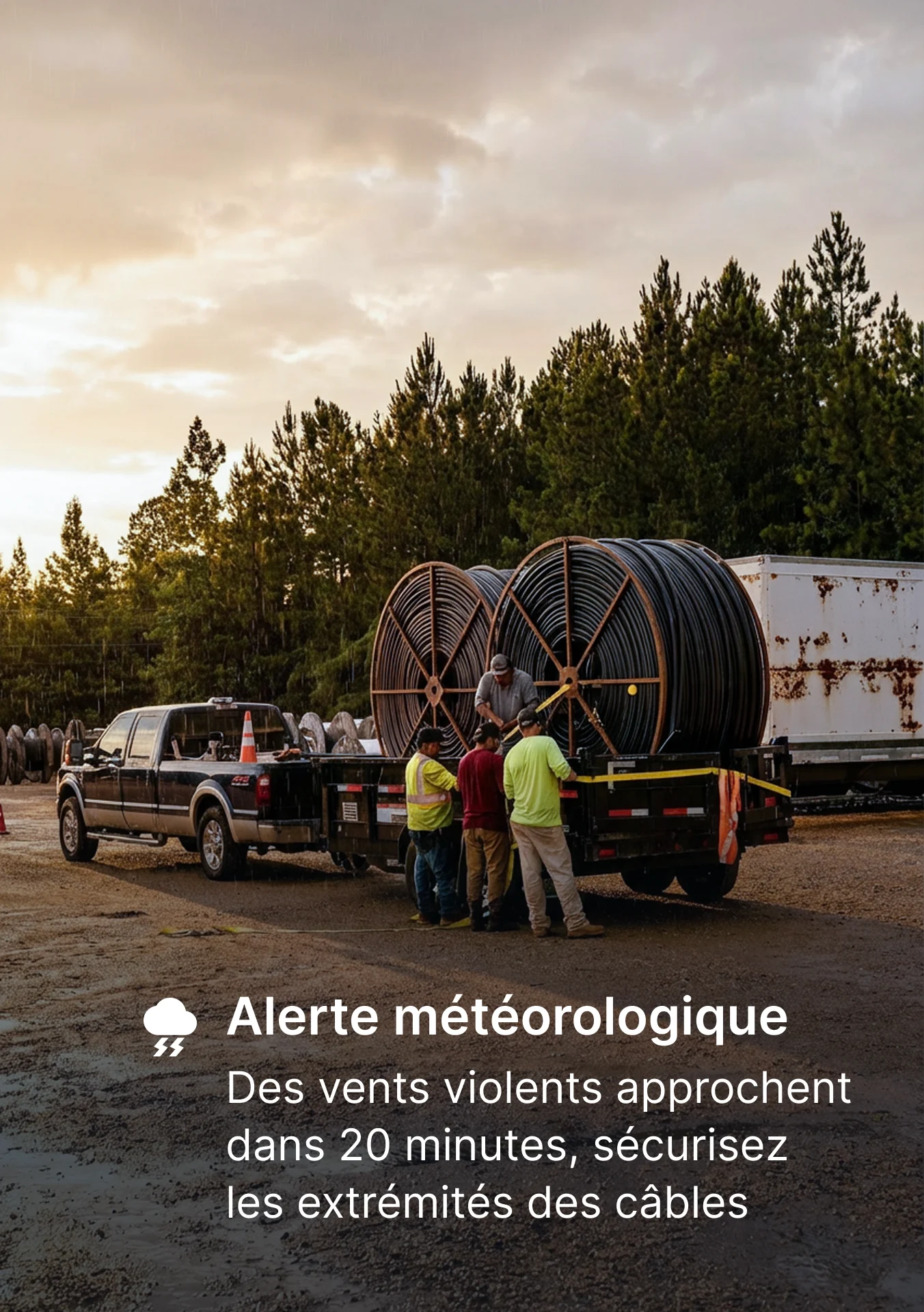 Ouvriers chargeant de grosses bobines de câbles sur un camion au coucher du soleil, sous une alerte météo.