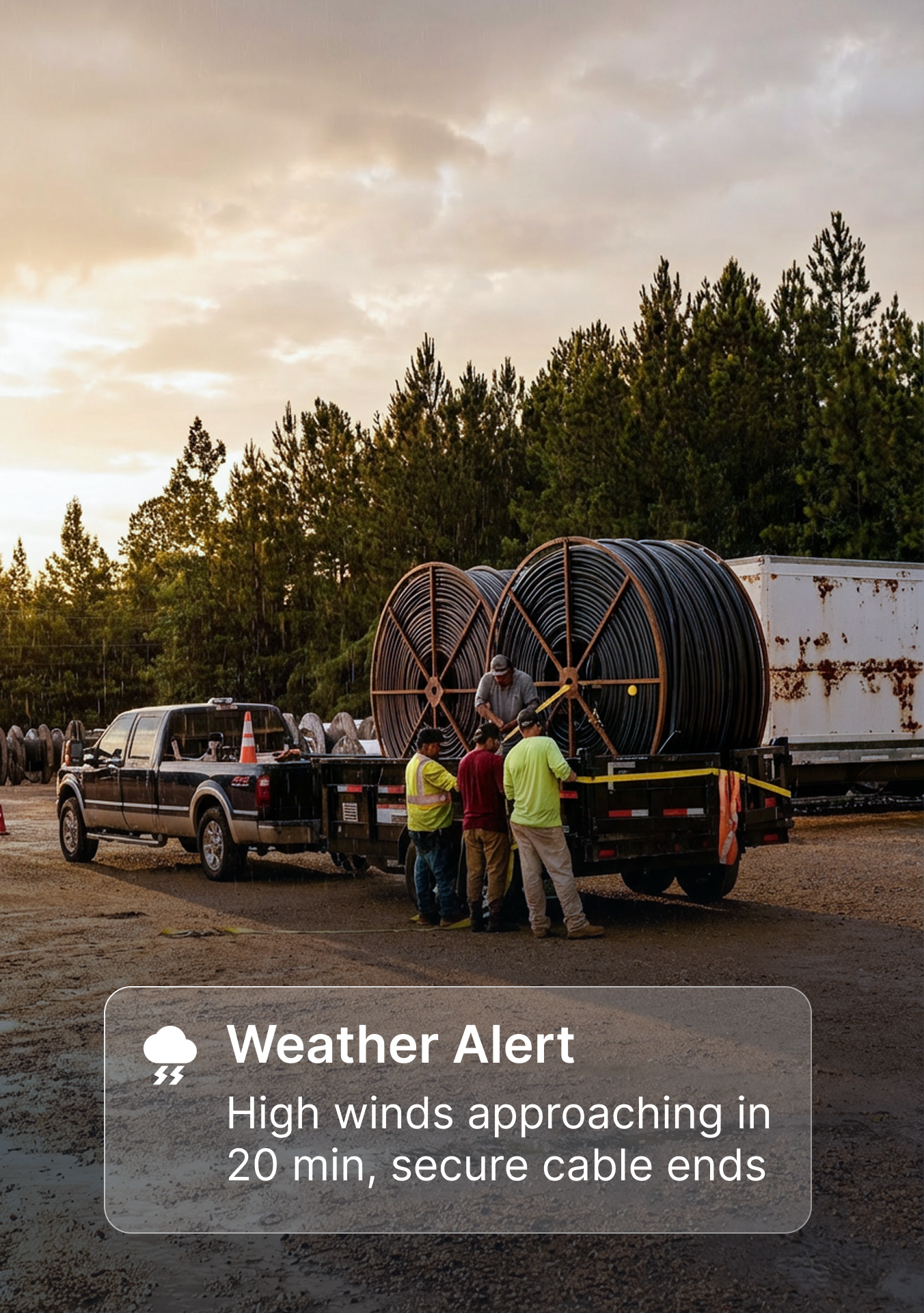 Workers loading large cable spools onto a truck at sunset with a weather alert warning about high winds approaching.