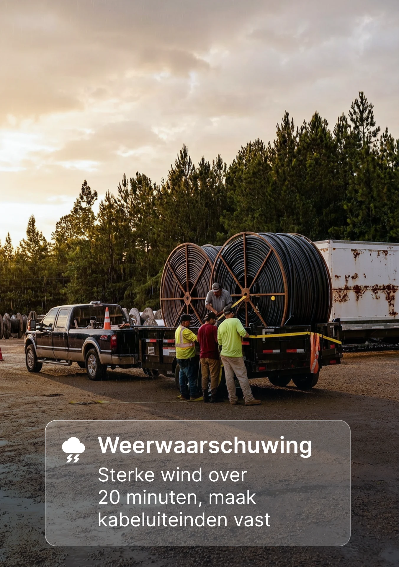 Werknemers laden bij zonsondergang grote kabelspoelen op een vrachtwagen, met een weerswaarschuwing voor harde wind.