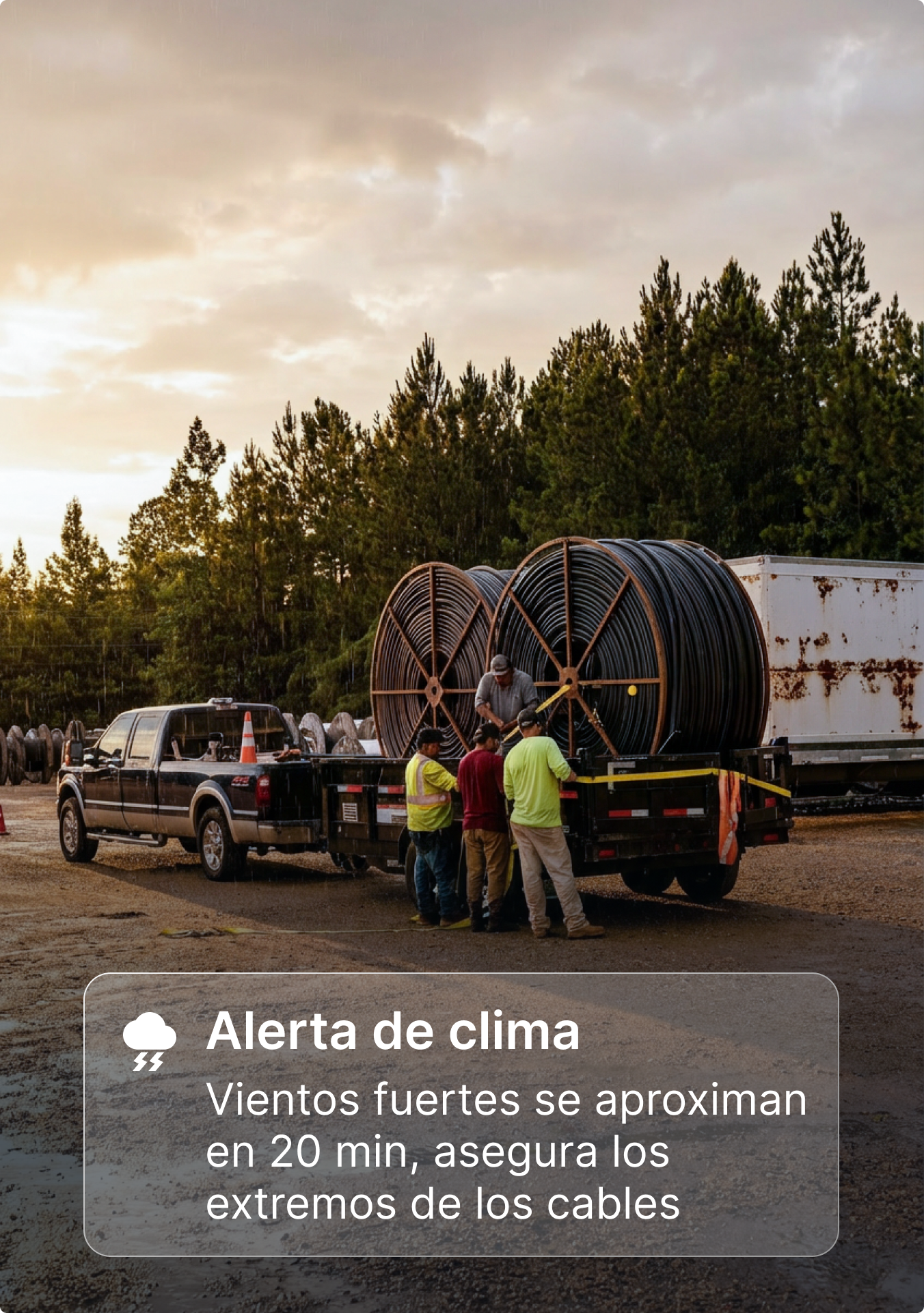Trabajadores cargando rollos de cable en un camión al atardecer, con una alerta meteorológica de llegada de fuertes vientos.
