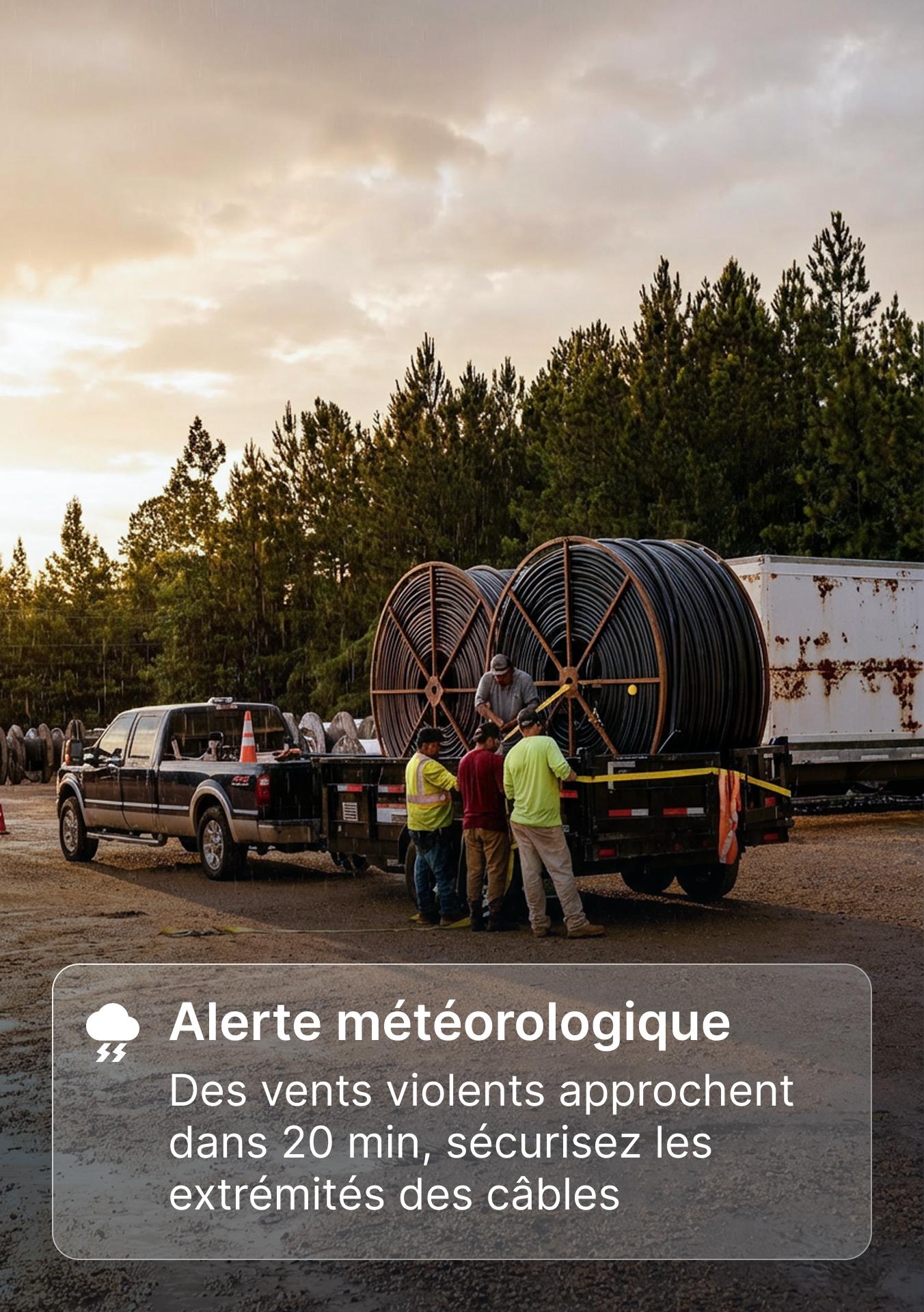 Travailleurs chargeant de grandes bobines de câble sur un camion le soir, avec alerte météo signalant des vents violents.