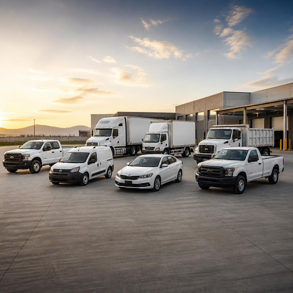 Flota de vehículos comerciales blancos estacionados frente a una bodega al atardecer, incluyendo camiones, camionetas y un sedán.