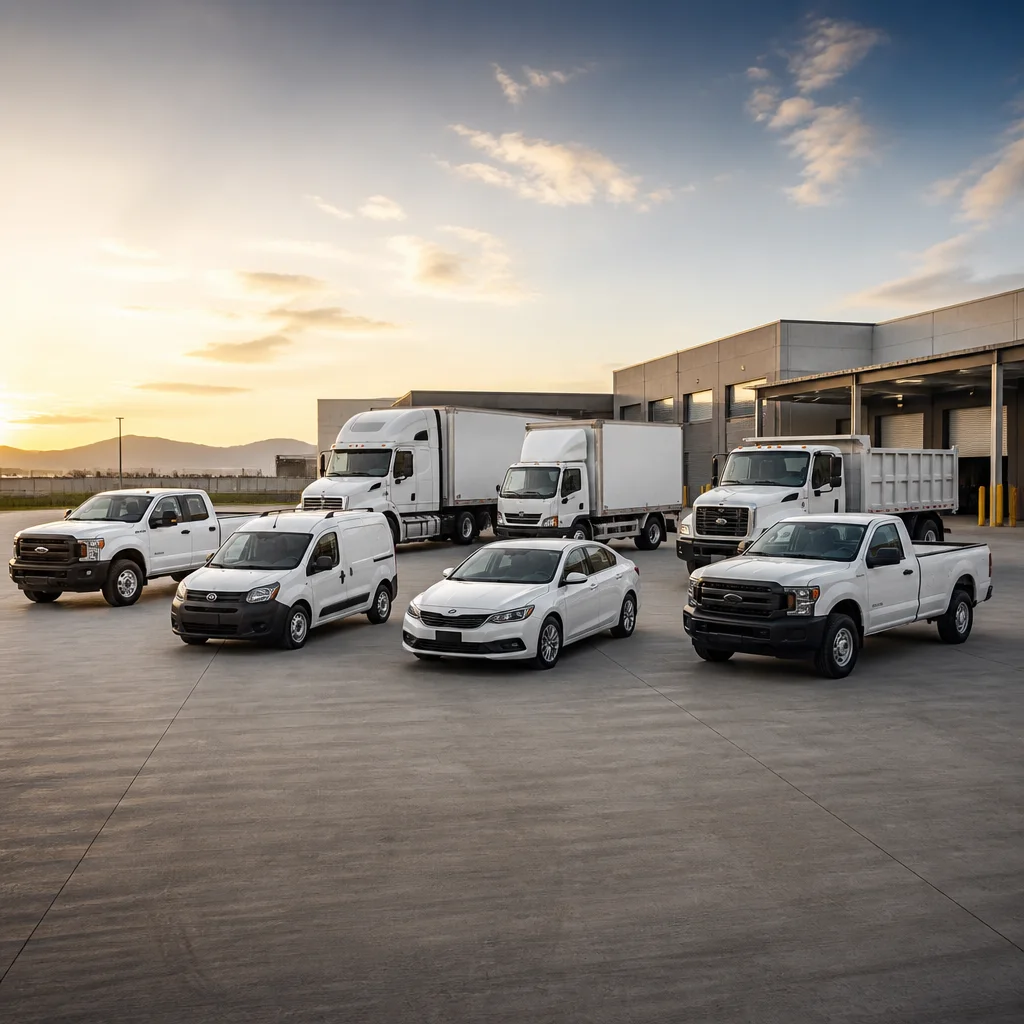 Flota de vehículos comerciales blancos estacionados frente a una bodega al atardecer, incluyendo camiones, camionetas y un sedán.