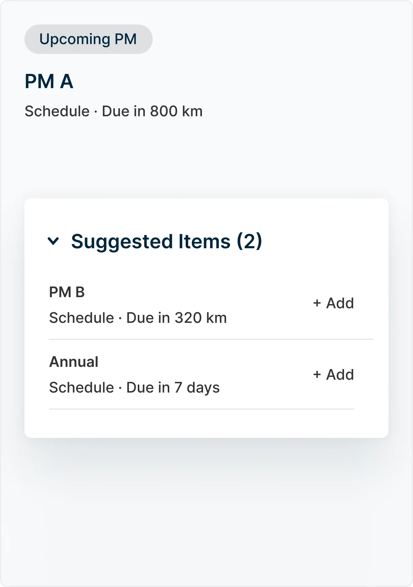Work order suggestions-outstanding maintenance: passenger light, front mirror missing, oil change, tire pressure, brake pads.