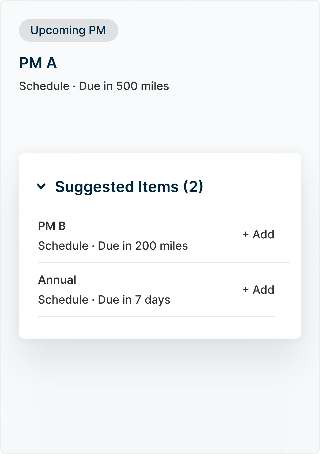 Work order suggestions-outstanding maintenance: passenger light, front mirror missing, oil change, tire pressure, brake pads.