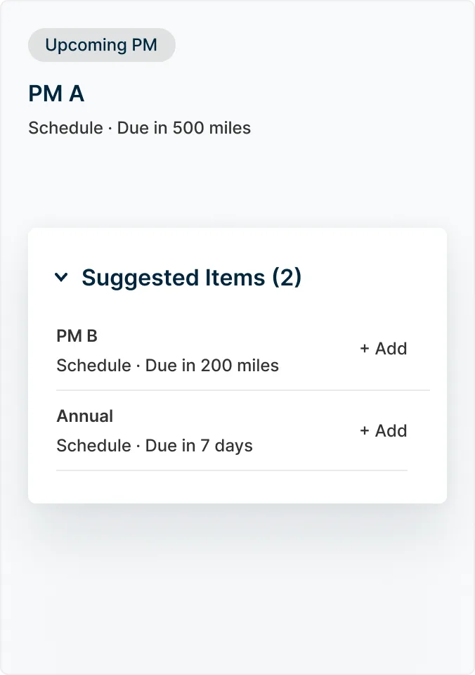 Work order suggestions-outstanding maintenance: passenger light, front mirror missing, oil change, tyre pressure, brake pads.