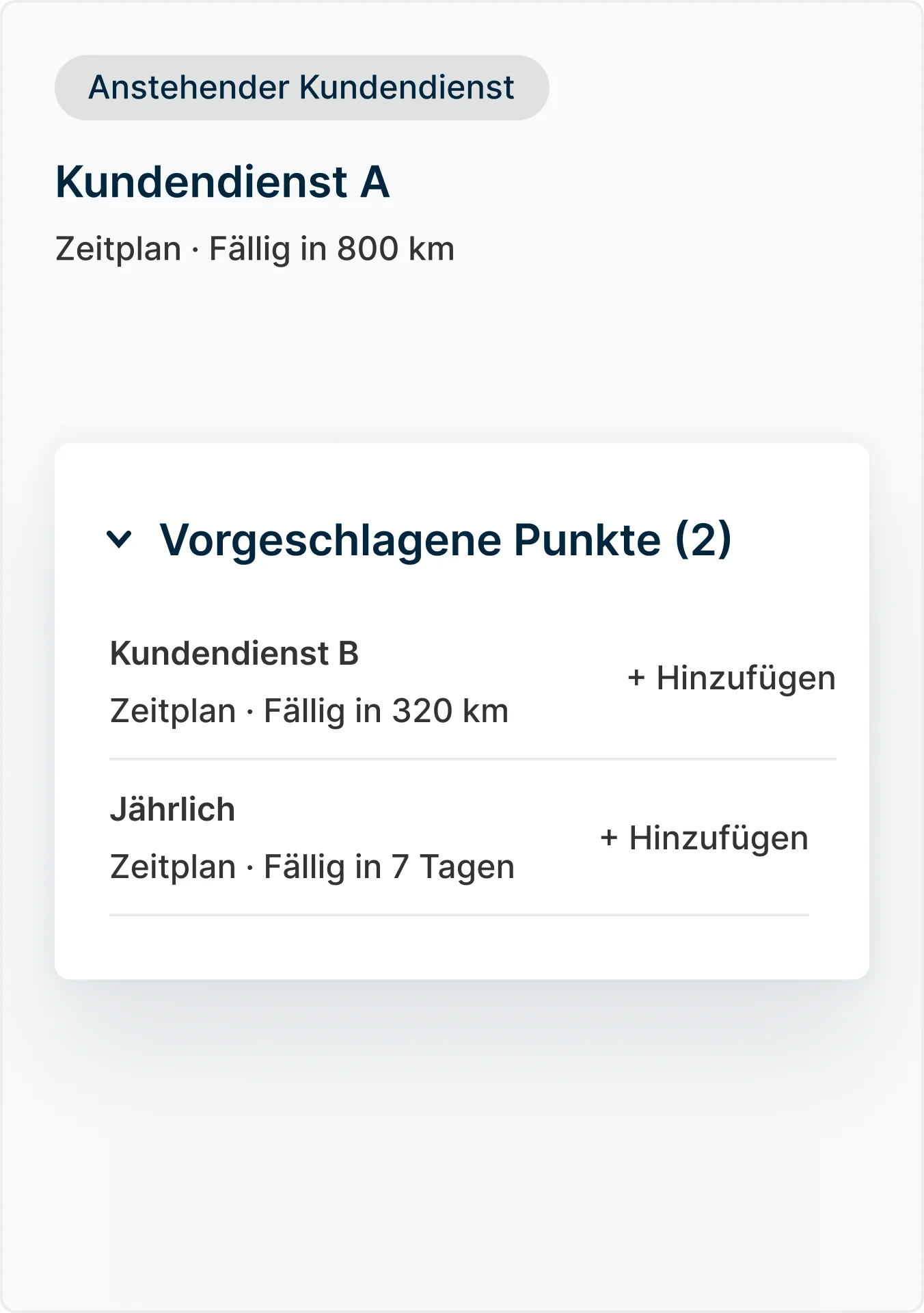 Arbeitsauftrag-Vorschläge ausstehende Wartung: Beifahrerleuchte, fehlender Frontspiegel, Ölwechsel, Reifendruck, Bremsbelag.