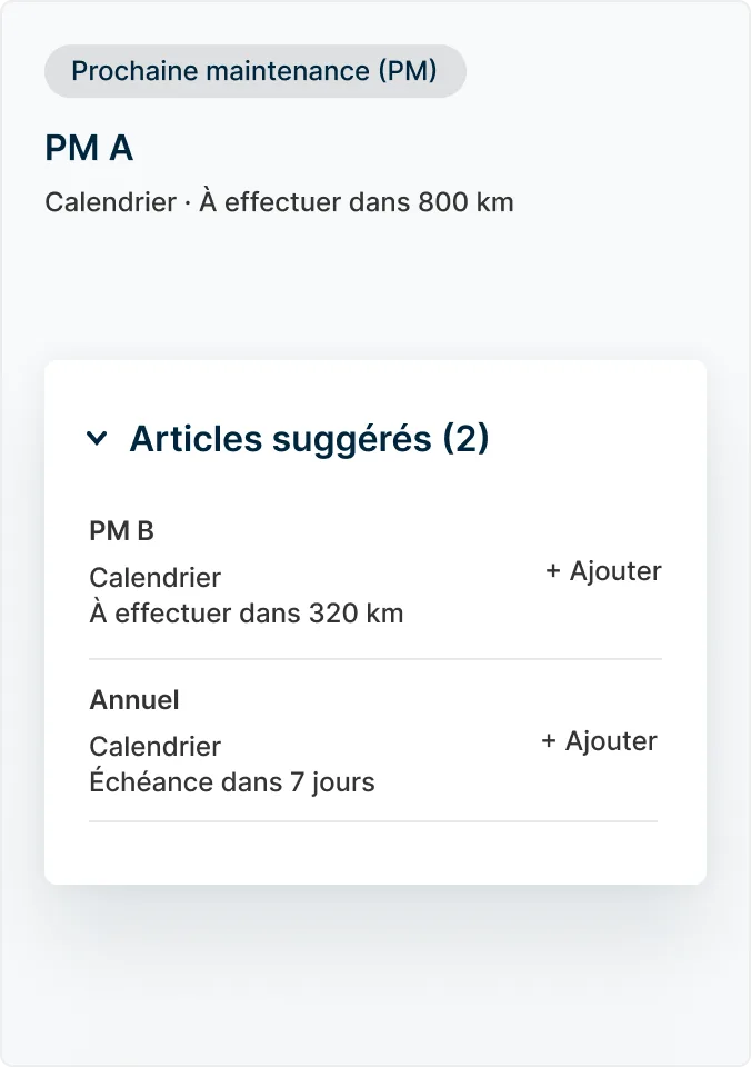 Suggestions : éclairage passager, rétroviseur avant manquant, vidange d'huile, pression des pneus, plaquettes de frein.