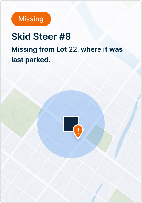 Map showing missing Skid Steer #8 last parked in Lot 22, with orange alert icon and location marker.
