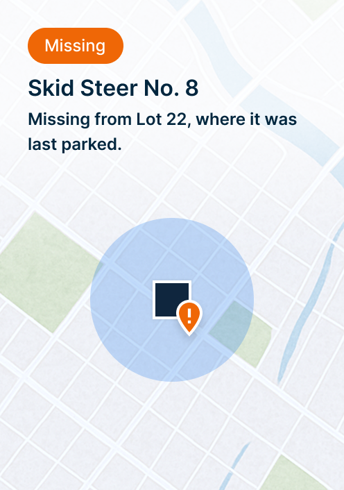 Map showing missing Skid Steer #8 last parked in Lot 22, with orange alert icon and location marker.
